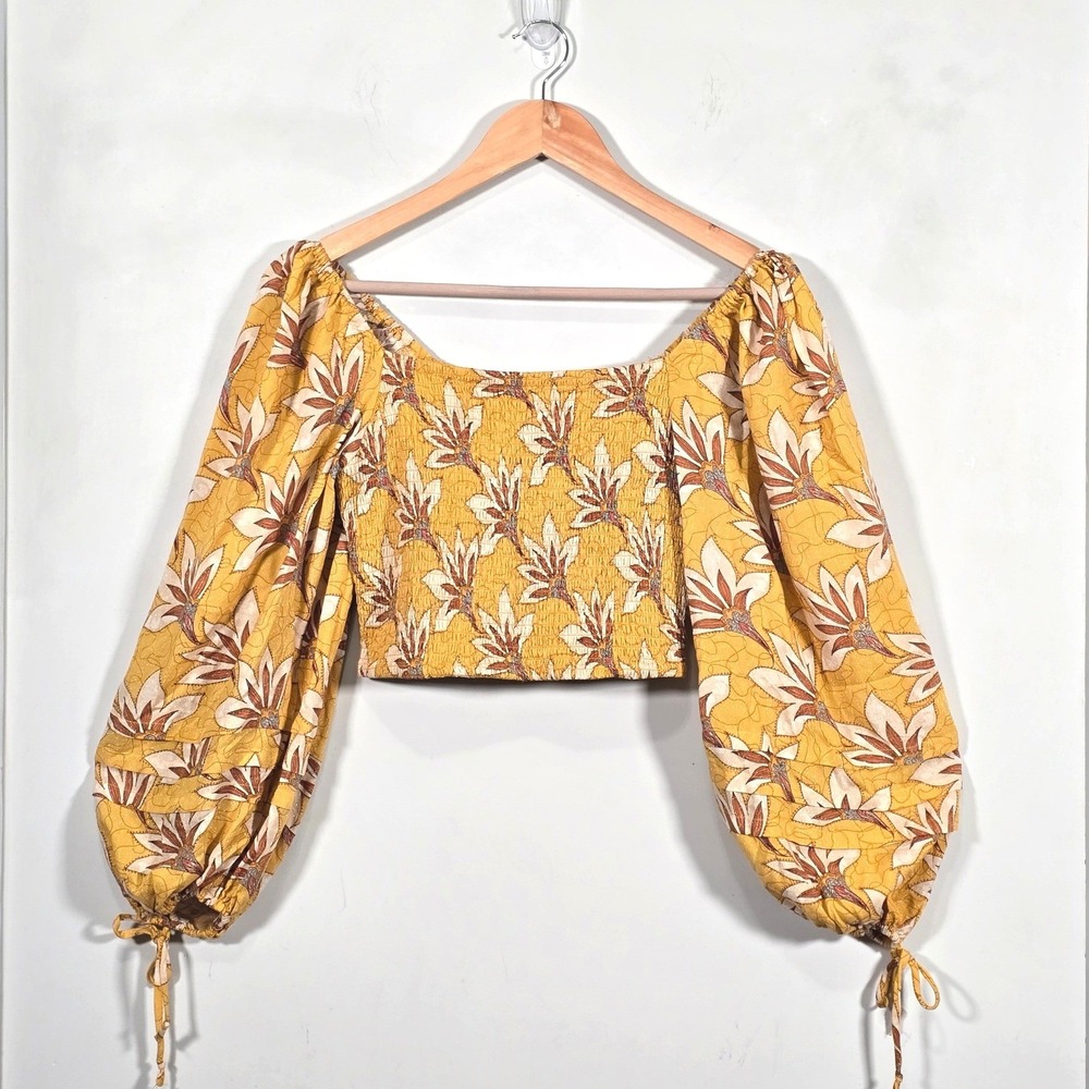 B.O.G Collective Crop Top S Gold Floral Shimmer Balloon Sleeve Smocked Peasant